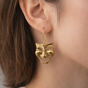 Gold Tone Comedy Theater Mask Earrings Greek Drama